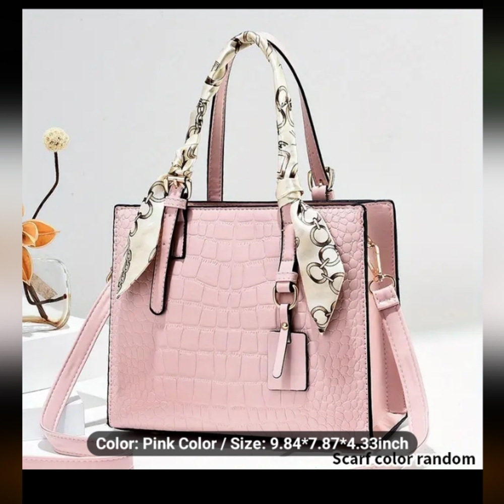 Pink Crocodile Embossed Tote w Scarf Decor